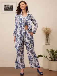 ATRAENTA Round Neck Printed Top with Trousers & Shrug