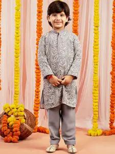 VASTRAMAY Boys Floral Embroidered Mandarin Collar Regular Georgette Kurta With Pyjama