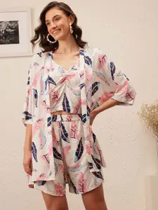 ATRAENTA V-Neck Printed Top & Shurg With Shorts