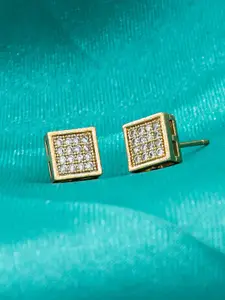KRENOZ Gold-Plated Stainless Steel Square Shape Stone Studded Studs