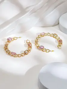 Rubans 18K Gold-Plated Chain Link Hoop Earrings with Pink Crystal Stones