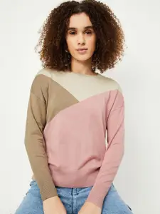 max Women Colourblocked Round Neck Long Sleeves Pullover Sweaters