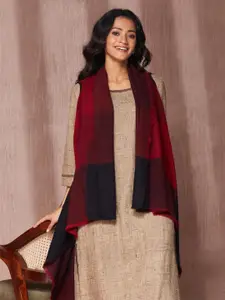 Fabindia Checked Sleeveless Longline Woollen Open Front Shrug