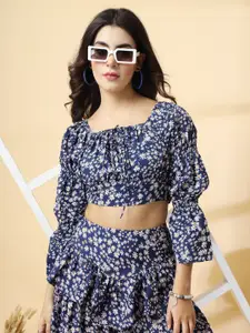 Oomph! Women Floral Printed Bell Sleeve Crepe Blouson Crop Top