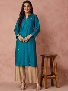 Fabindia Floral Embroidered Mandarin Collar Three-Quarter Sleeves Straight Kurta