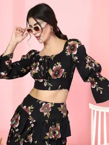 Oomph! Floral Print Square Neck Bell Sleeve Blouson Crop Top