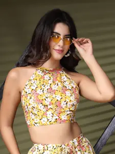 Oomph! Women Floral Printed Crepe Styled Back Crop Top