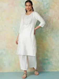 Melange by Lifestyle Floral Printed Round Neck Thread Work Straight Kurta