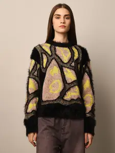 ONLY Women Cotton Self Design Long Sleeves Pullover with Fuzzy Detail