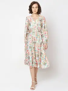 Vero Moda Women V-Neck Puff Sleeve Fit & Flare Midi Dress With Belt