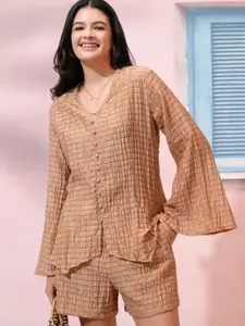 Tokyo Talkies Brown Self Design V-Nek Long Sleeve Top With Shorts