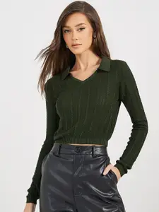 Styli Striped Cable Knit Acrylic Crop Pullover Sweater