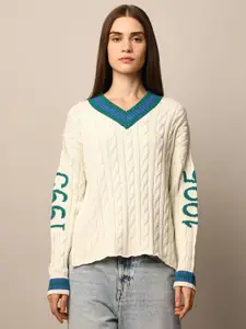 ONLY Women Cotton Colourblocked V-Neck Long Sleeves Pullover Sweater