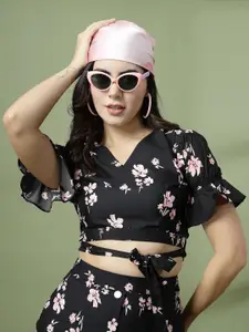 Oomph! Women Floral Printed V-Neck Puff Sleeve Crop Top