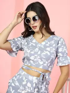 Oomph! Women Floral Print V-Neck Puff Sleeve Crepe short Top