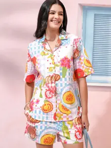 Tokyo Talkies Floral Printed Lapel Collar Short Sleeves Pure Cotton Shirt & Shorts