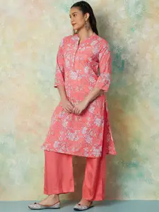 Melange by Lifestyle Coral Mandarin Collar Floral Printed Cotton Straight Kurta