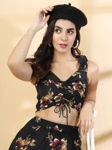 Oomph! Floral Print Sweetheart Neck Sleeveless Crepe Crop Top