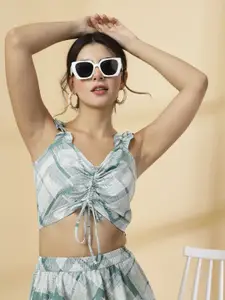 Oomph! Women Checked Sweetheart Neck Crepe Crop Top