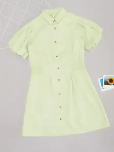 Pantaloons Junior Cotton Shirt Collar Puff Sleeves A-Line Dress