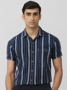 Mufti Men Spread Collar Vertical Striped Cotton Slim Fit Casual Shirt