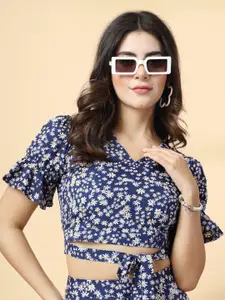 Oomph! Floral Print Puff Sleeve V-Neck Short Sleeves Tie-Ups Blouson Crop Top
