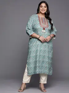 Varanga Plus Size Floral Printed Gotta Patti Tie-Up Neck Silk Straight Kurta