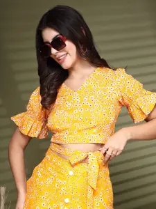 Oomph! Floral Printed Puff Sleeve Crop Top