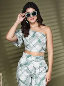 Oomph! Abstract Print Opaque One Shoulder Puff Sleeve short Top