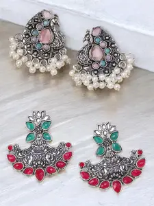OOMPH Set Of 2 Floral Oxidised Stone Studded & Beaded Drop Earrings