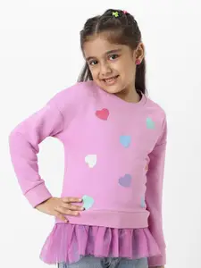 Nauti Nati Girls Heart Printed Round Neck Full Sleeves Sweatshirt