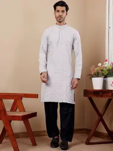Rawayi Floral Embroidered Mandarin Collar Sequins Linen Straght Kurta