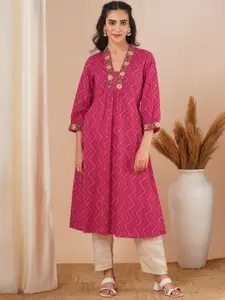 FASHOR V-Neck Chevron Printed Thread Work Straight Cotton Kurta