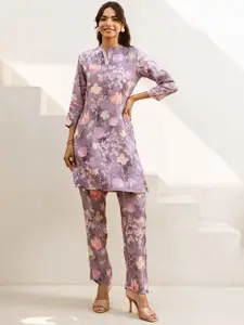 HUKUM Floral Printed Mandarin Collar Three-Quarter Sleeves Pure Silk Top With Trouser