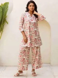 HUKUM Floral Printed V-Neck Three-Quarter Sleeves Pure Cotton Top With Palazzo