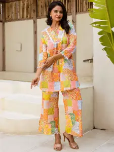 HUKUM Floral Printed V-Neck Three-Quarter Sleeves Pure Cotton Top With Palazzo