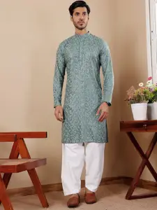 Rawayi Geometric Embroidered Chikankari Band Collar Cotton Straight Kurta