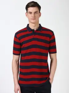 Peter England Men Striped Polo Collar Pockets T-shirt
