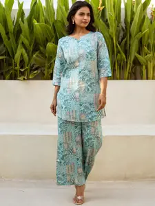 HUKUM Floral Printed Round Neck Three-Quarter Sleeves Top With Palazzo