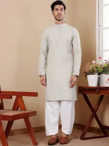 Rawayi Geometric Embroidered Chikankari Band Collar Linen Straight Kurta