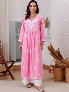 Rangreza Ethnic Floral Embroidered Chikankari Cotton Pleated A-Line Kurta