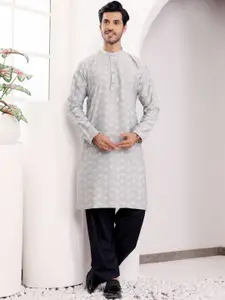 Rawayi Geometric Woven Design Band Collar Jacquard Straight Kurta