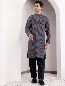 Rawayi Striped Band Collar Linen Straight Kurta