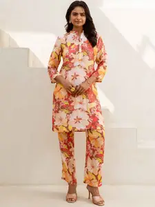 HUKUM Floral Printed Mandarin Collar Three-Quarter Sleeves Pure Silk Top With Trouser