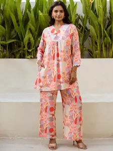 HUKUM Floral Printed V-Neck Three-Quarter Sleeves Pure Silk Top With Palazzo