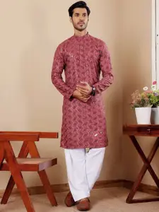 Rawayi Geometric Embroidered Chikankari Band Collar Straight Kurta