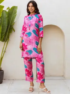 HUKUM Floral Printed Mandarin Collar Three-Quarter Sleeves Pure Silk Top With Trouser