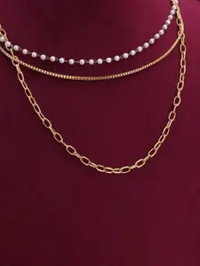 PALMONAS Stainless Steel Gold-Plated Pearl Beaded Layered Necklace