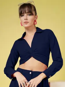 Oomph! Women Shirt Collar Cuffed Sleeves Crop Top
