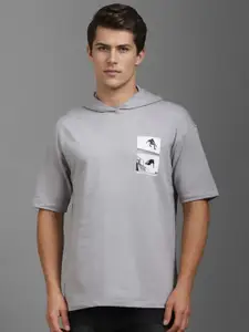 Louis Philippe Jeans Men Typography Printed Hooded Raw Edge T-shirt